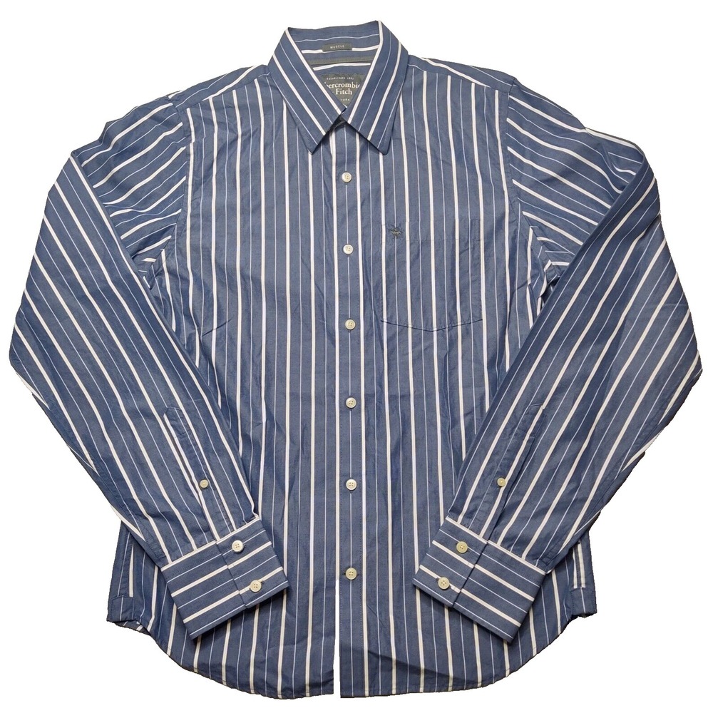 VTG ABERCROMBIE & FITCH MUSCLE Men Large Blue White Striped Cotton Shirt EUC